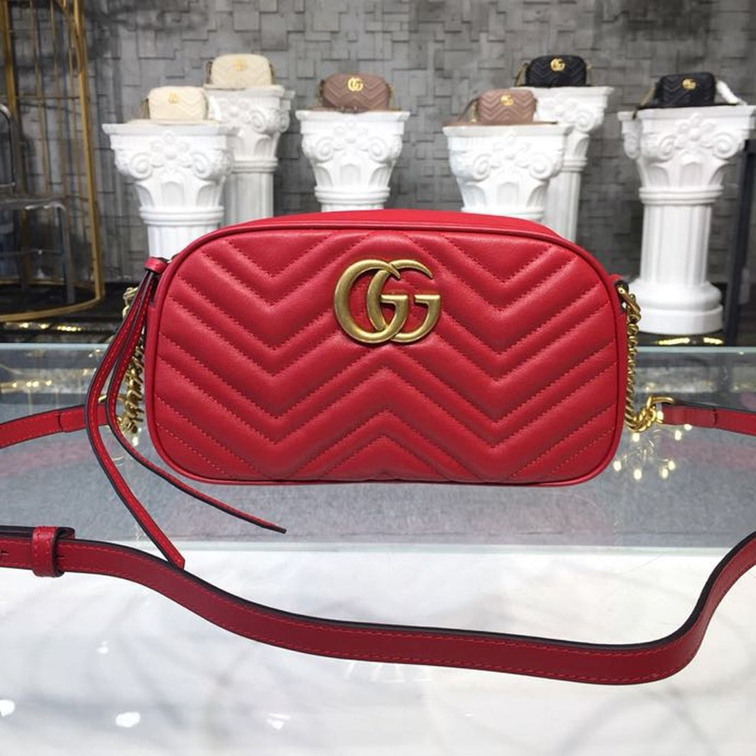 gg Marmont Small Matelassé Shoulder Bag Hibiscus Red Matelassé Chevron For Womtlm 9.5in/24cm gg 447632 DTD1T 6433