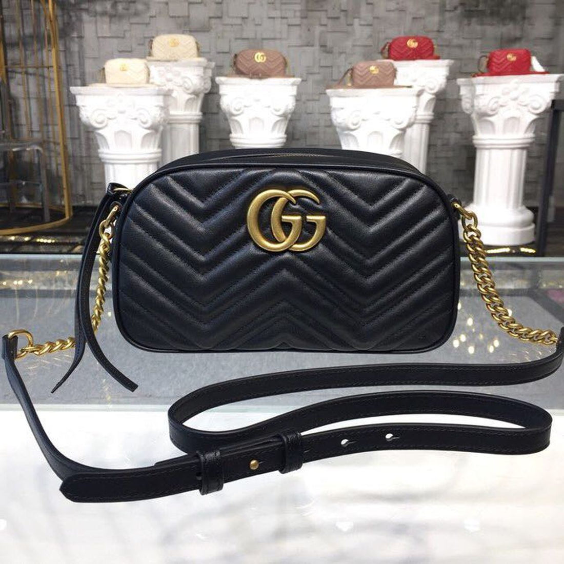 gg Marmont Small Matelassé Shoulder Bag Black Matelassé Chevron For Womtlm 9.5in/24cm gg 447632 DTD1T 1000