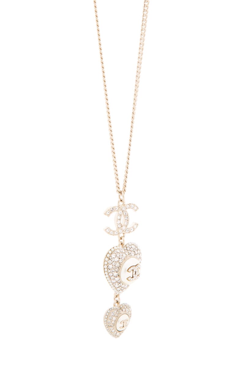 Chanel 2022 Crystal Heart Pendant Long Gold Necklace
