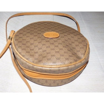 Gucci Vintage Camel Leather And Small G Logo Print Coated Canvas In Shades Of Browns