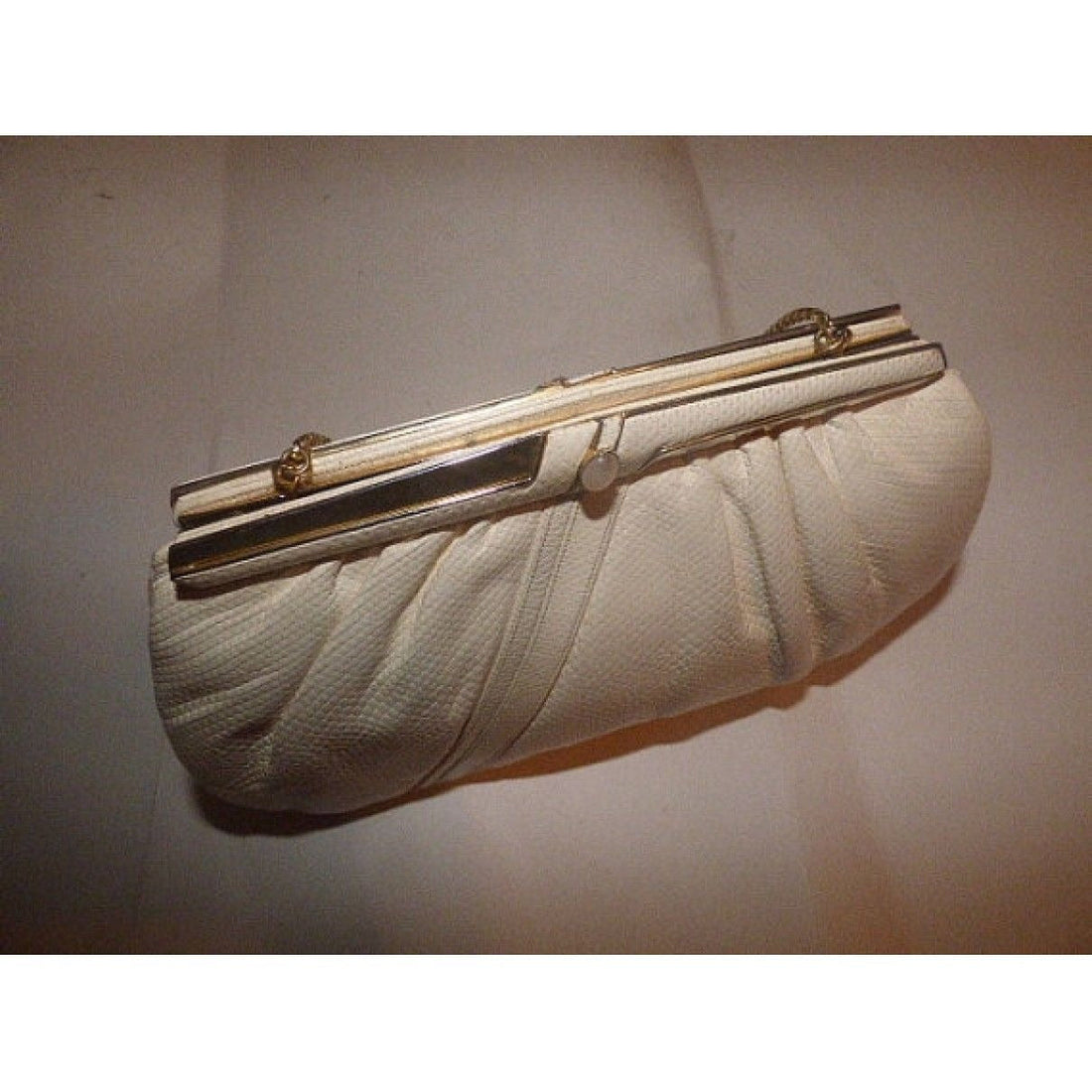 Vintage, AMAZING, early, Judith Leiber, cream, snakeskin leather, evening bag with gold & rose quartz accents and a collapsible chain strap