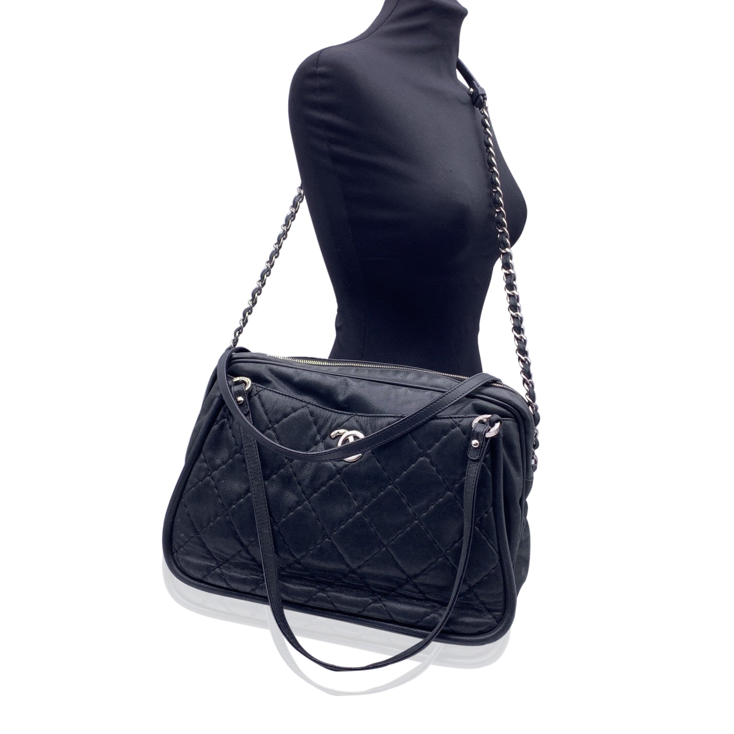 Chanel Black Quilted Leather Relax Cc Tote Camera Shoulder Bag