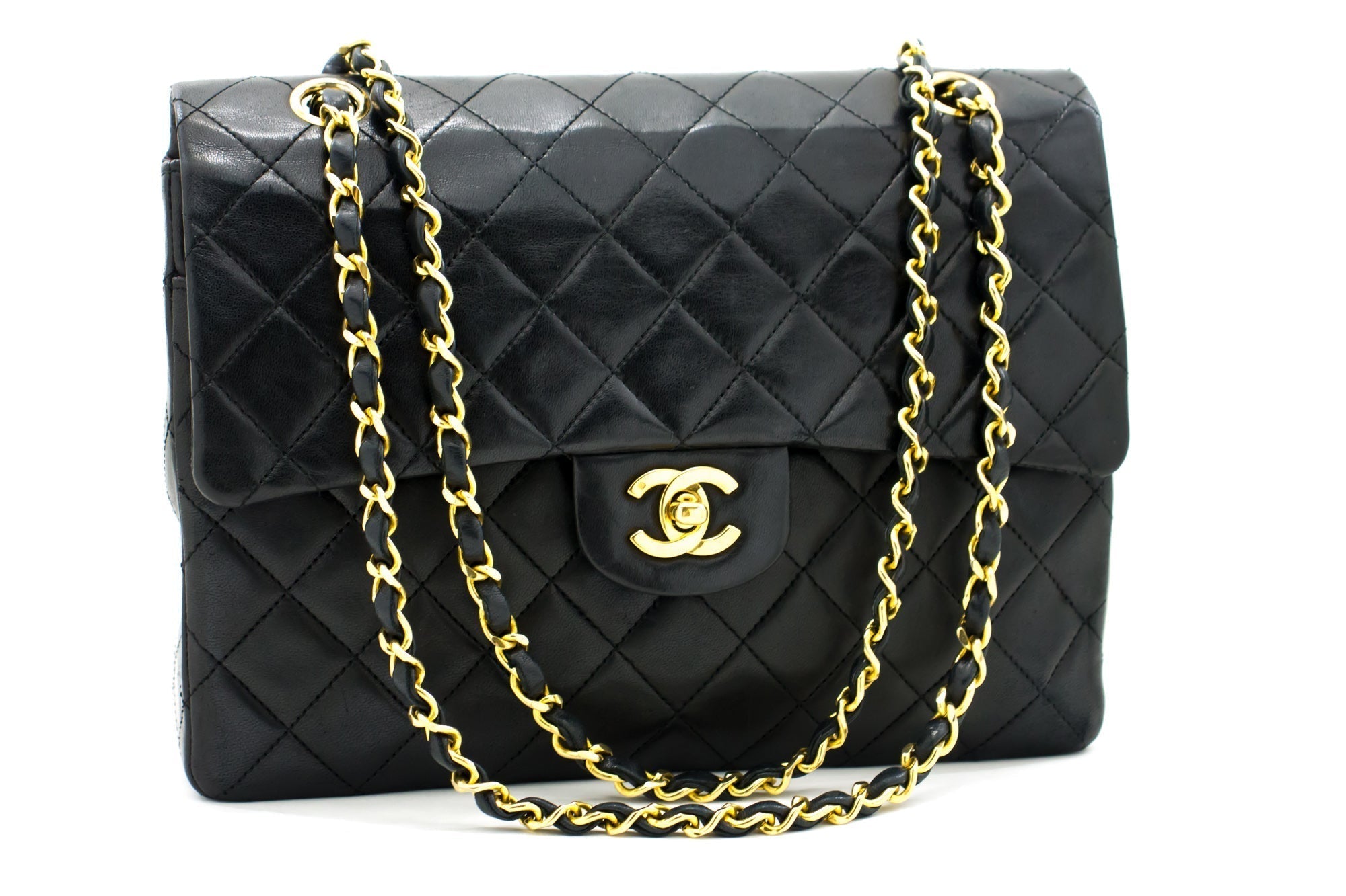 CHANEL 2.55 Double Flap Square Chain Shoulder Bag Black Lambskin