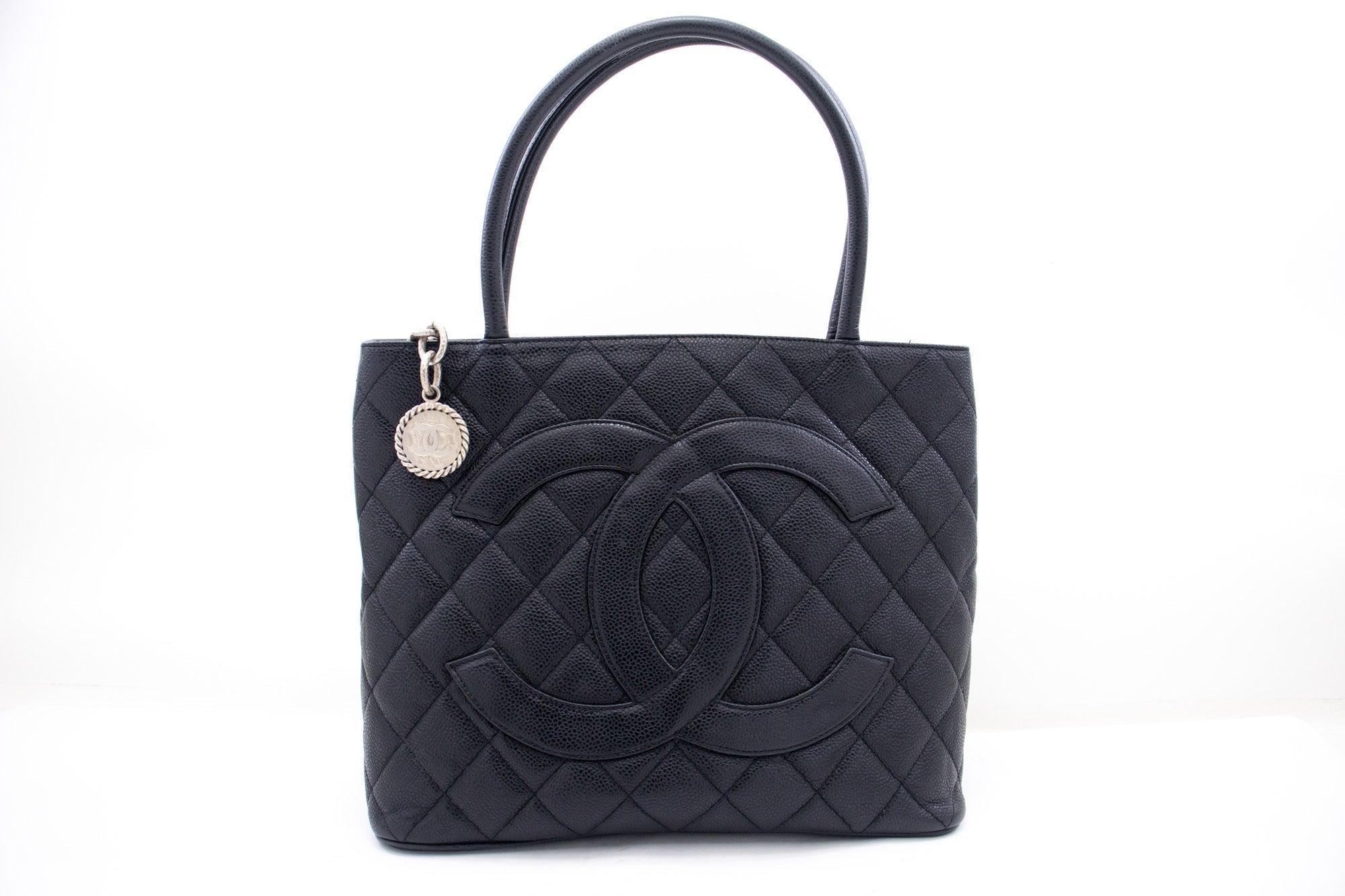 CHANEL Silver Medallion Caviar Shoulder Bag Shopping Tote Black