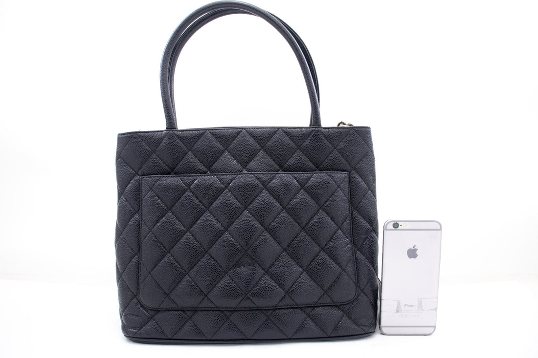 CHANEL Silver Medallion Caviar Shoulder Bag Shopping Tote Black