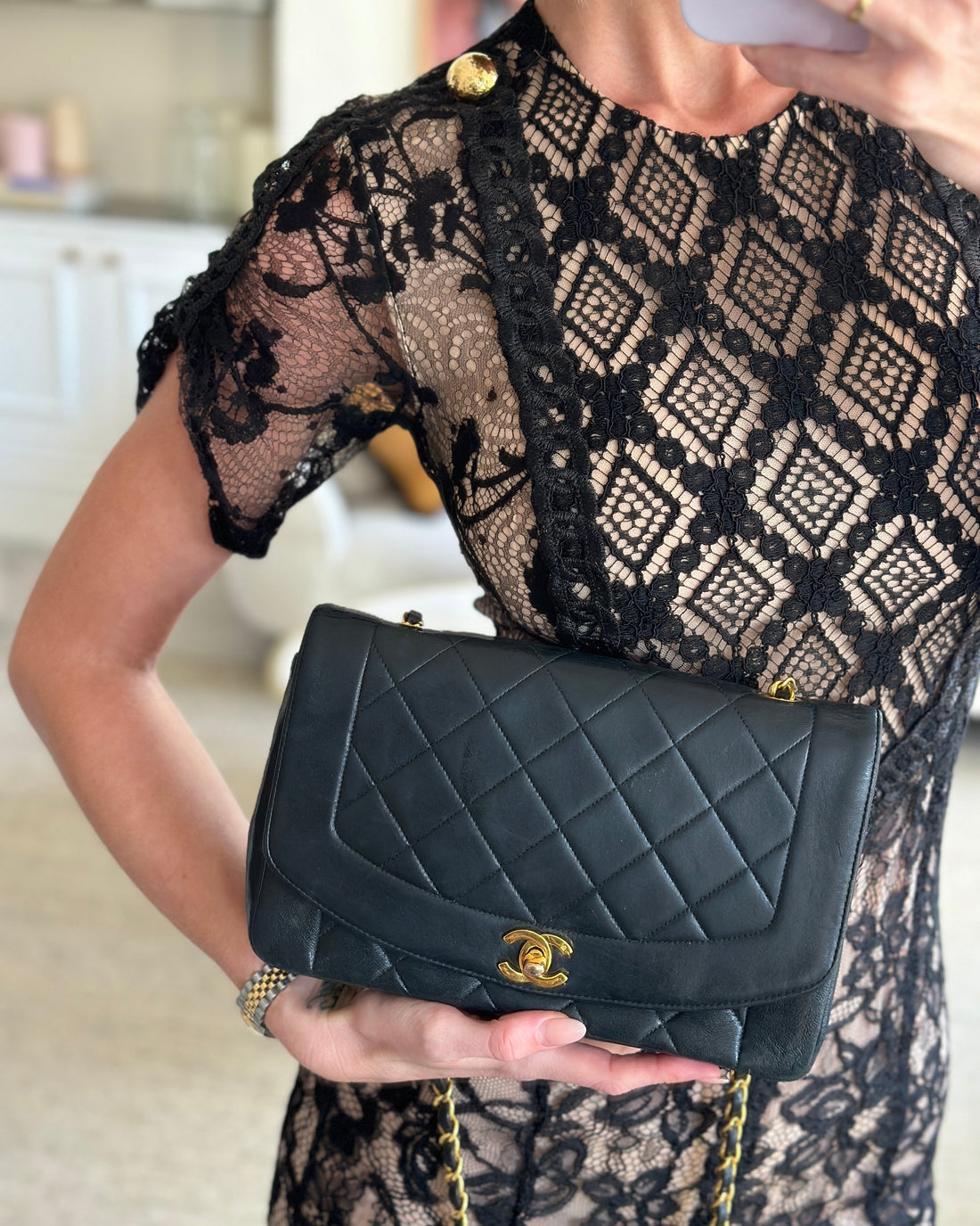 Chanel Vintage Navy Diana Quilted Flap Bag in Lambskin Leather with 24K Gold Hardware