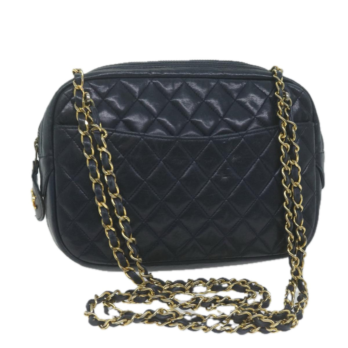 CHANEL Matelasse Chain Shoulder Bag Leather Navy CC Auth 65588