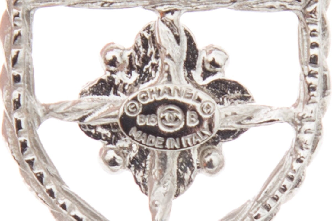 Chanel Silver Shield Detail Dangle CC Logo Earrings