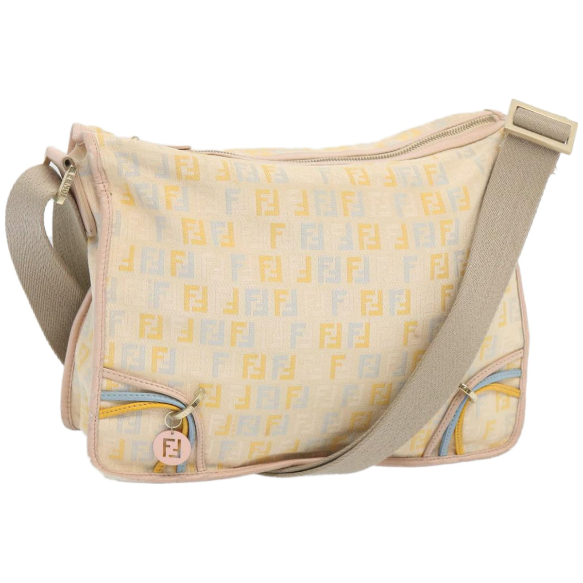 FENDI Zucchino Canvas Shoulder Bag Beige Light Blue yellow Auth 66310