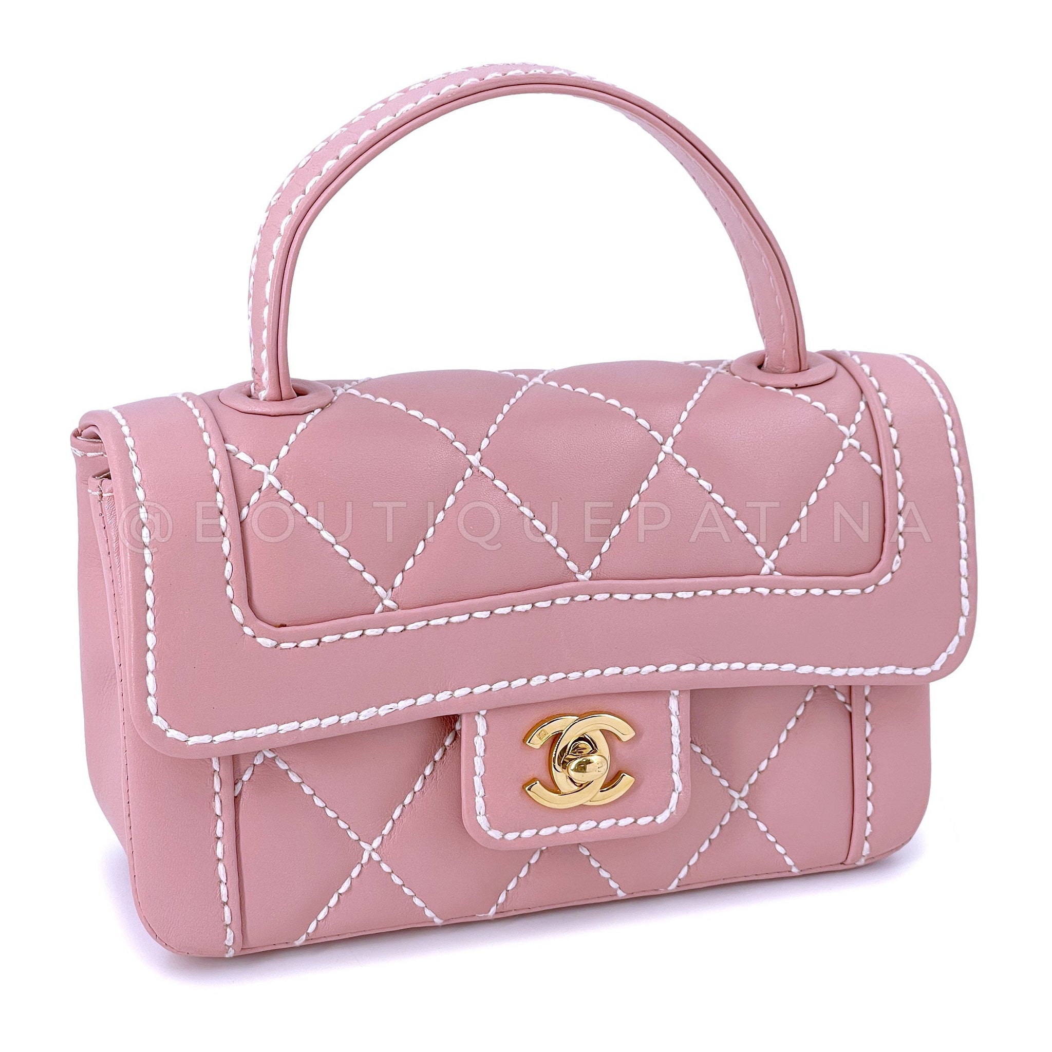 Rare 2005 Vintage Chanel Mauve Pink Wild Stitch Surpique Baby Mini Kelly Flap Bag 24k GHW