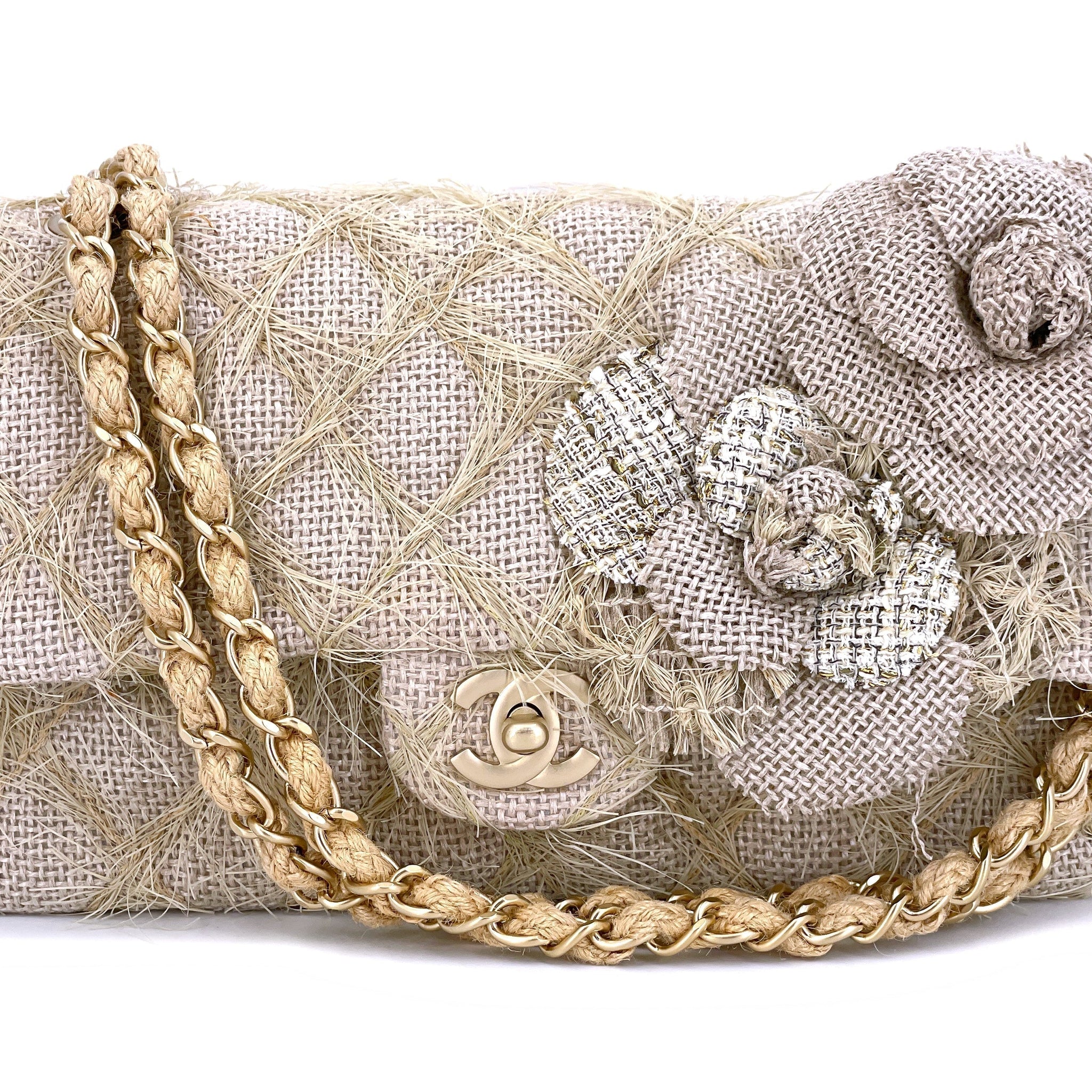 Chanel 2010 Taupe Beige Camellia Straw Raffia Classic Flap Bag GHW