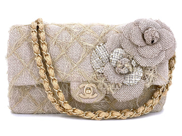 Chanel 2010 Taupe Beige Camellia Straw Raffia Classic Flap Bag GHW
