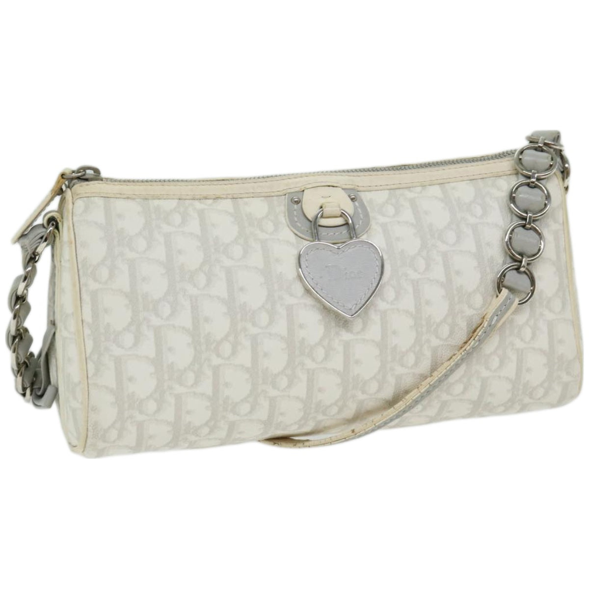 CHRISTIAN DIOR Trotter Romantic Shoulder Bag PVC Gray White Auth 66699