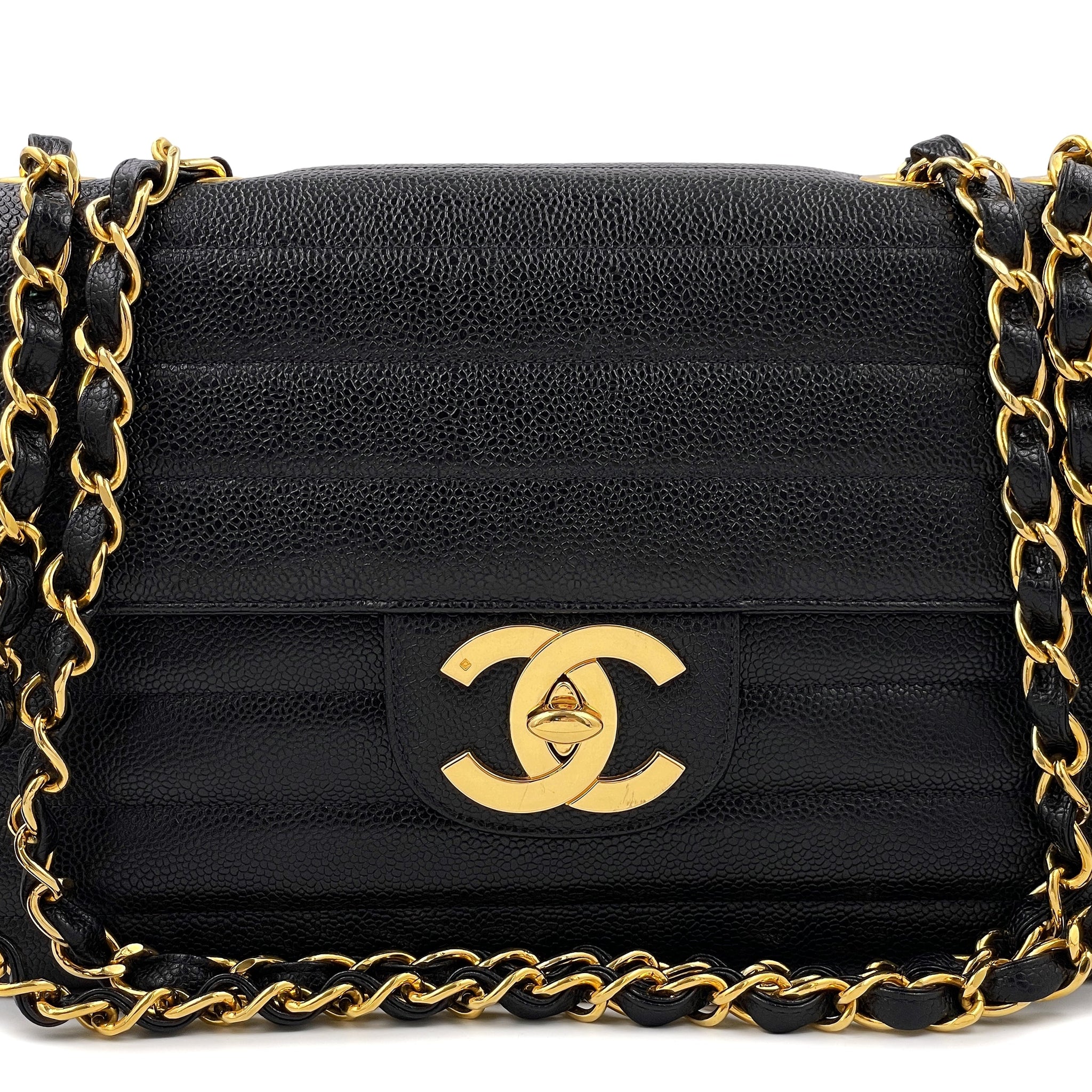 Chanel 1995 Vintage Black Caviar Horizontal Classic Jumbo Flap Bag 24k GHW