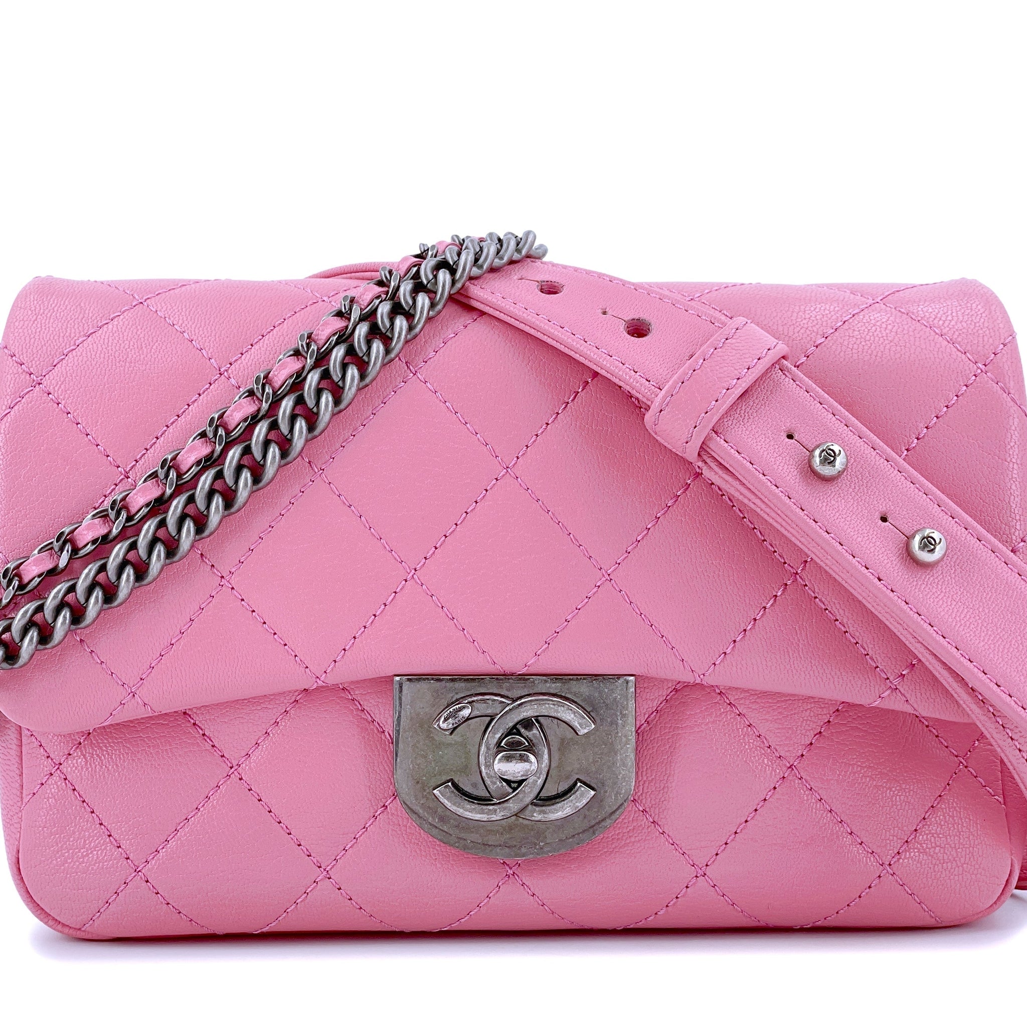 Chanel 2015 Pink Goatskin Double Carry Multichain Quilted Medium Flap Bag RHW