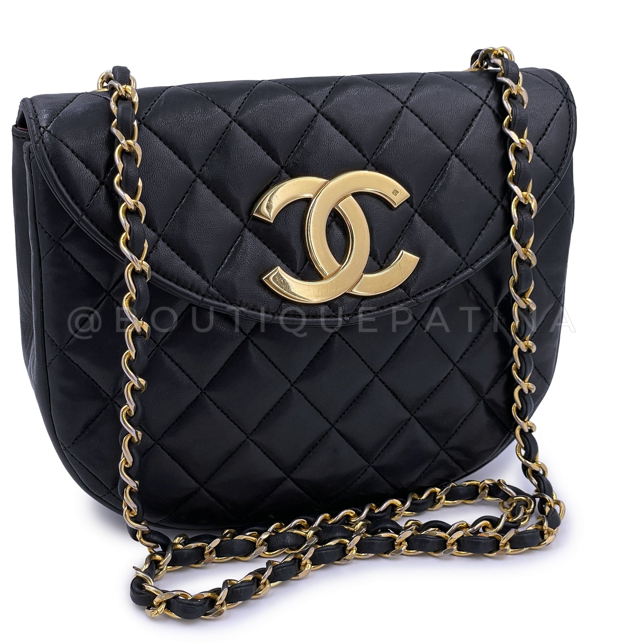 Chanel 1989 Vintage Round Half Moon Flap Bag 24k GHW Black