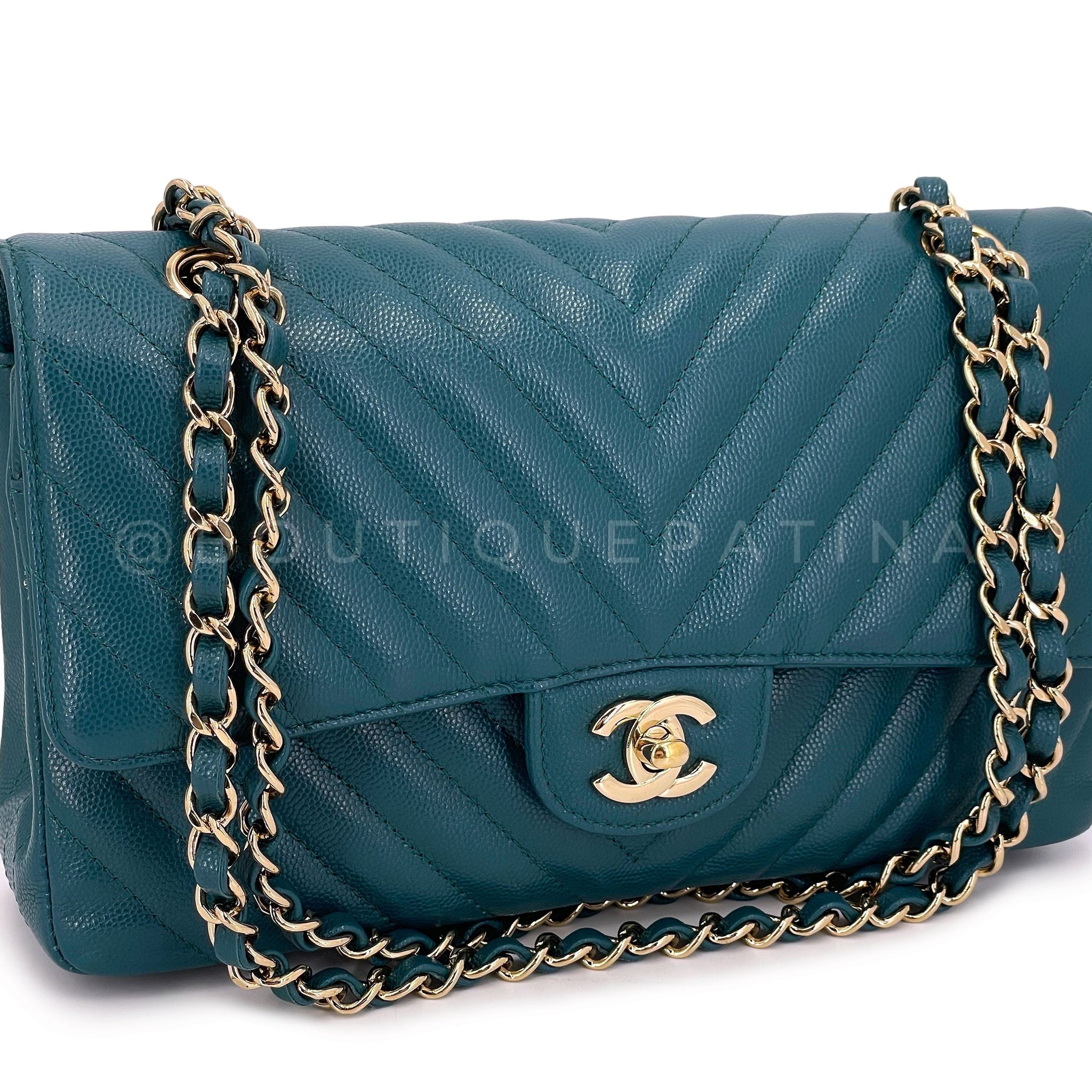 Chanel Teal Green Chevron Caviar Medium Classic Double Flap Bag GHW