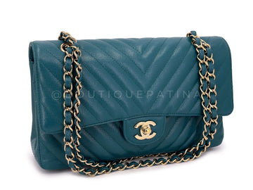 Chanel Teal Green Chevron Caviar Medium Classic Double Flap Bag GHW
