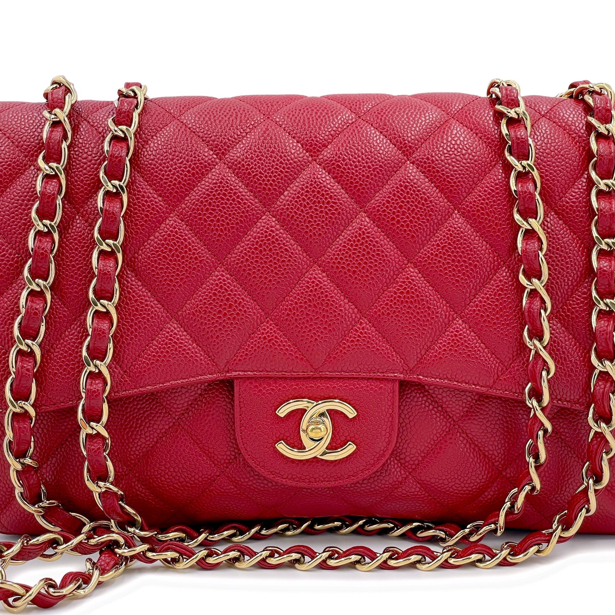 Chanel 2009 Red Caviar Jumbo Classic Flap Bag GHW Single