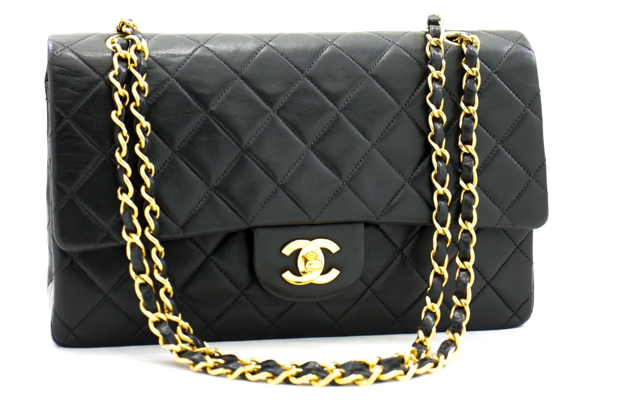 CHANEL 2.55 Double Flap Medium Chain Shoulder Bag Black Lambskin