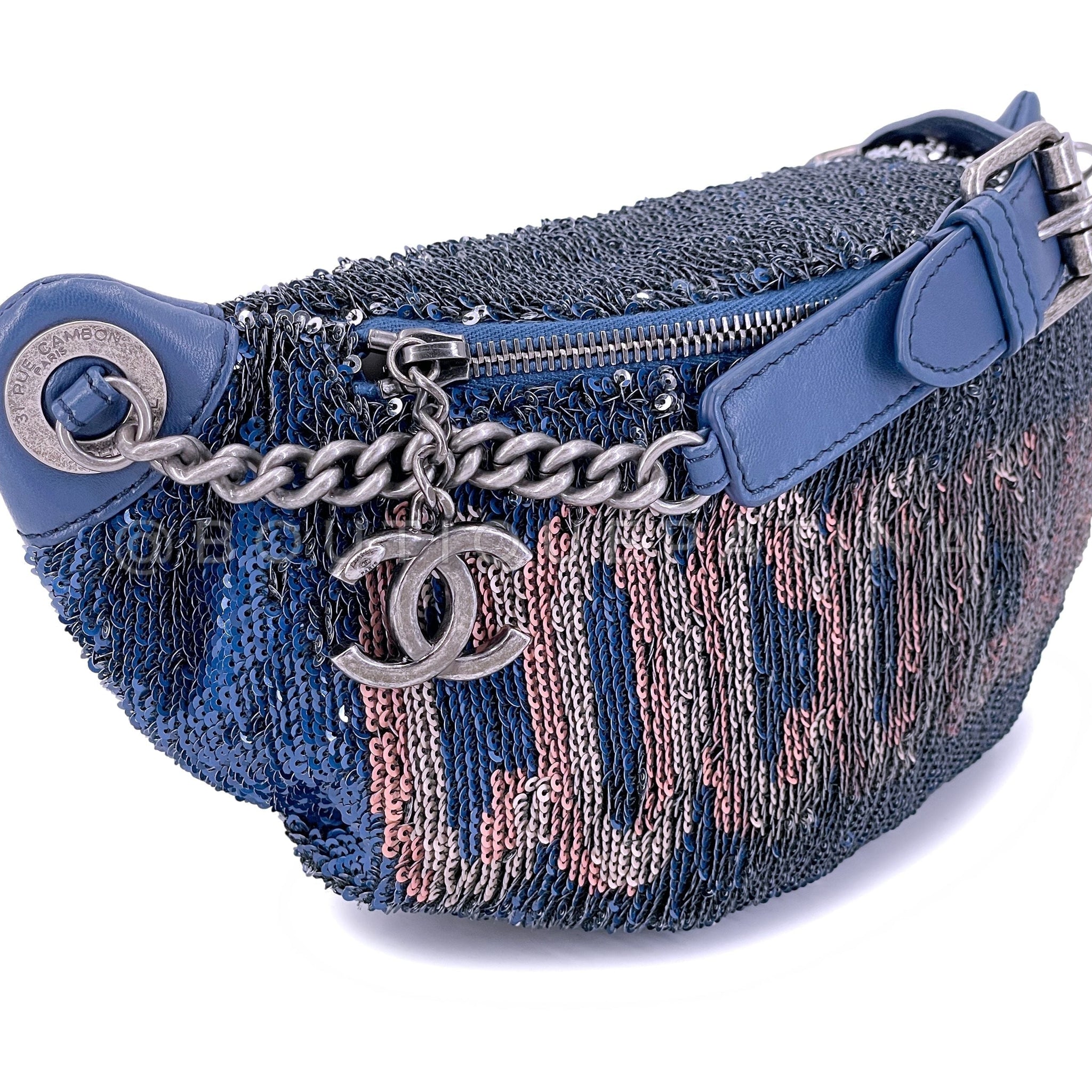 Chanel 17C Blue Pink Sequin Coco Cuba Fanny Pack Belt Bum Bag