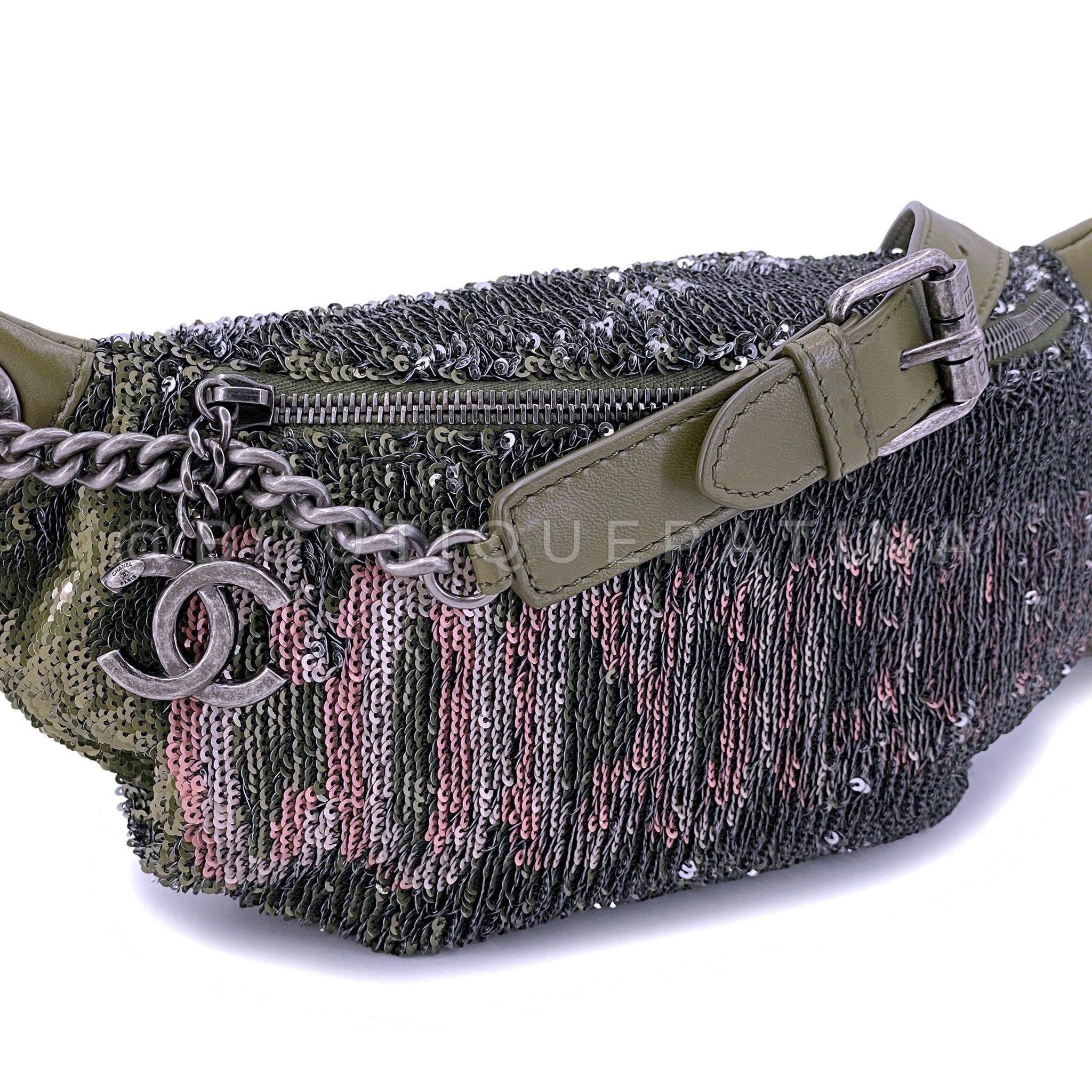 Chanel 17C Green Pink Sequin Coco Cuba Fanny Pack Belt Bum Bag