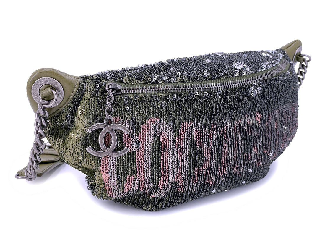 Chanel 17C Green Pink Sequin Coco Cuba Fanny Pack Belt Bum Bag