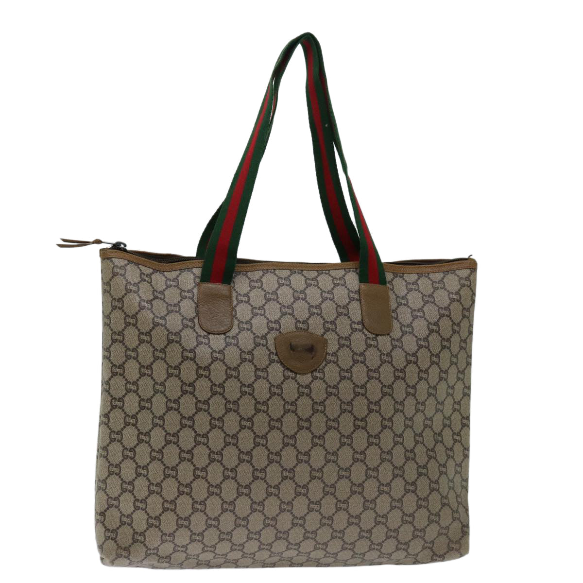 GUCCI GG Plus Supreme Web Sherry Line Tote Bag PVC Red Beige Green Auth 68631
