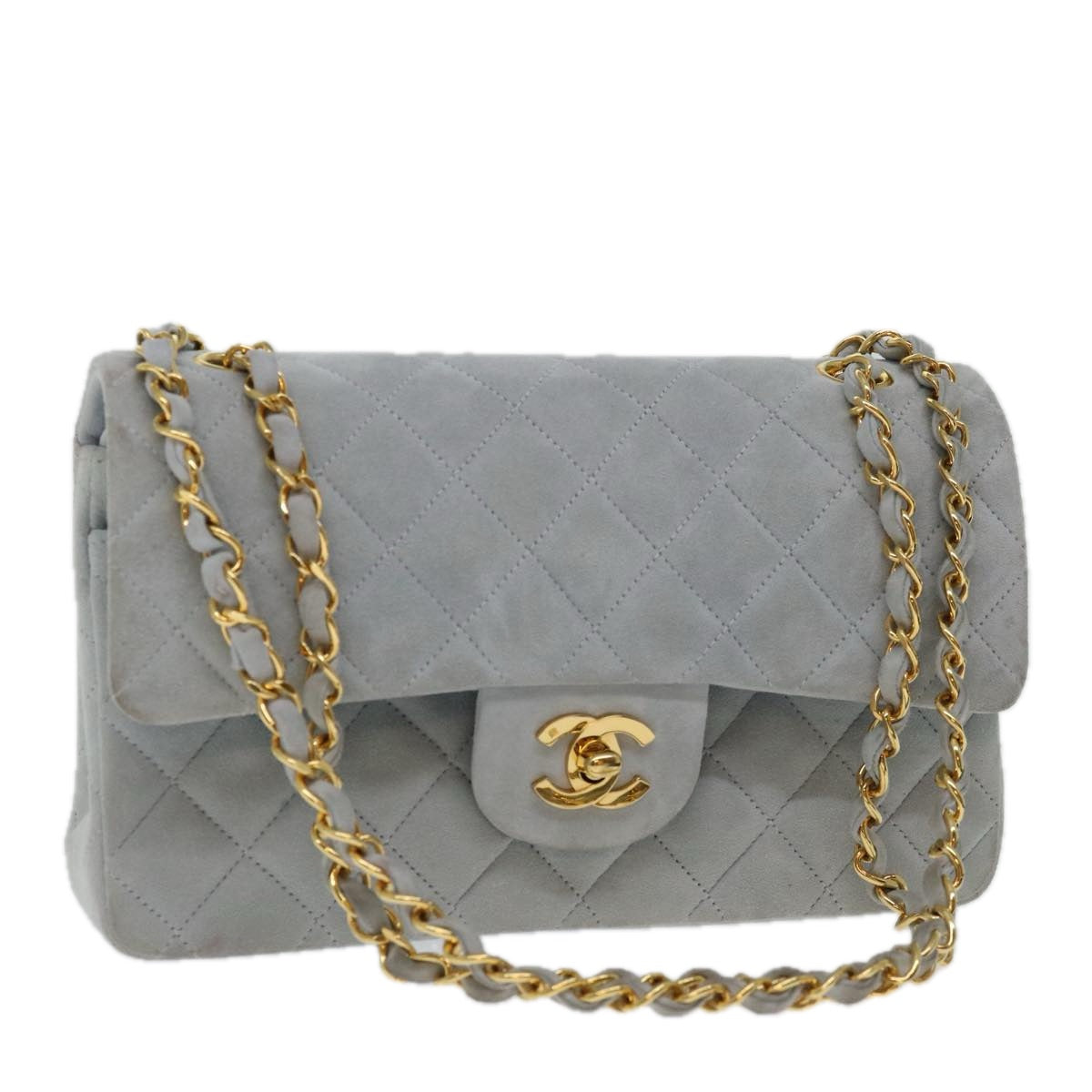 CHANEL Matelasse Chain Shoulder Bag Suede Light Blue CC Auth 69060A