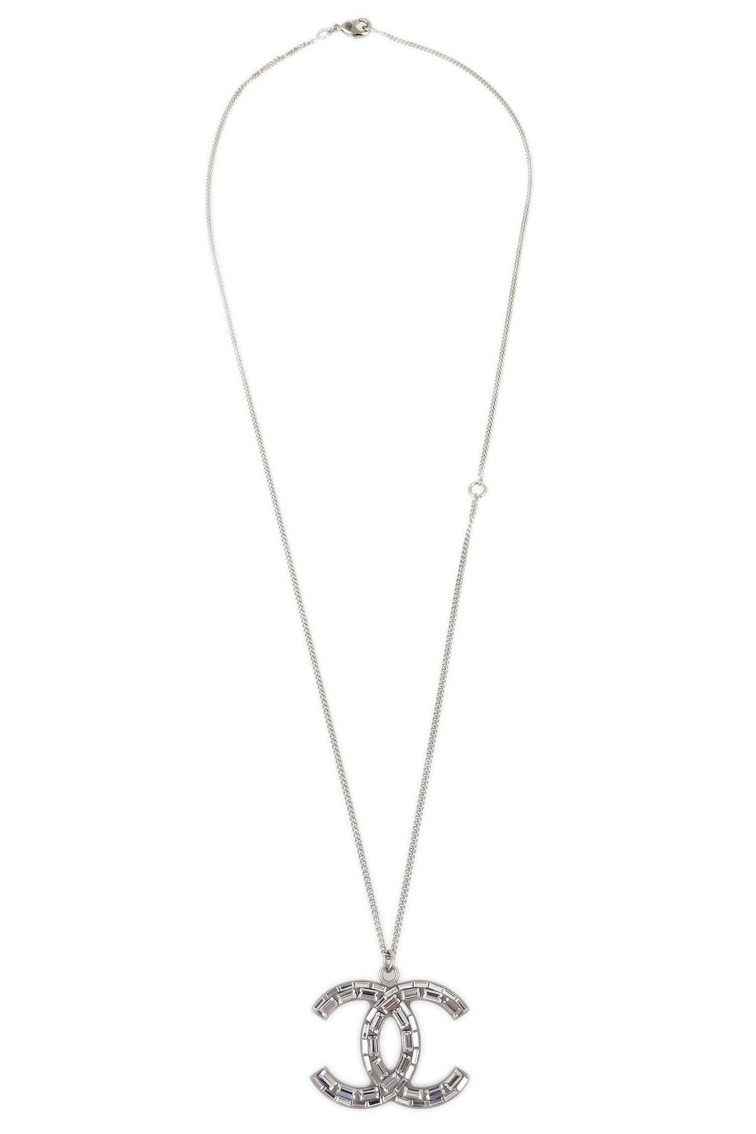 Chanel Silver Necklace Pendant Rhinestone B11P