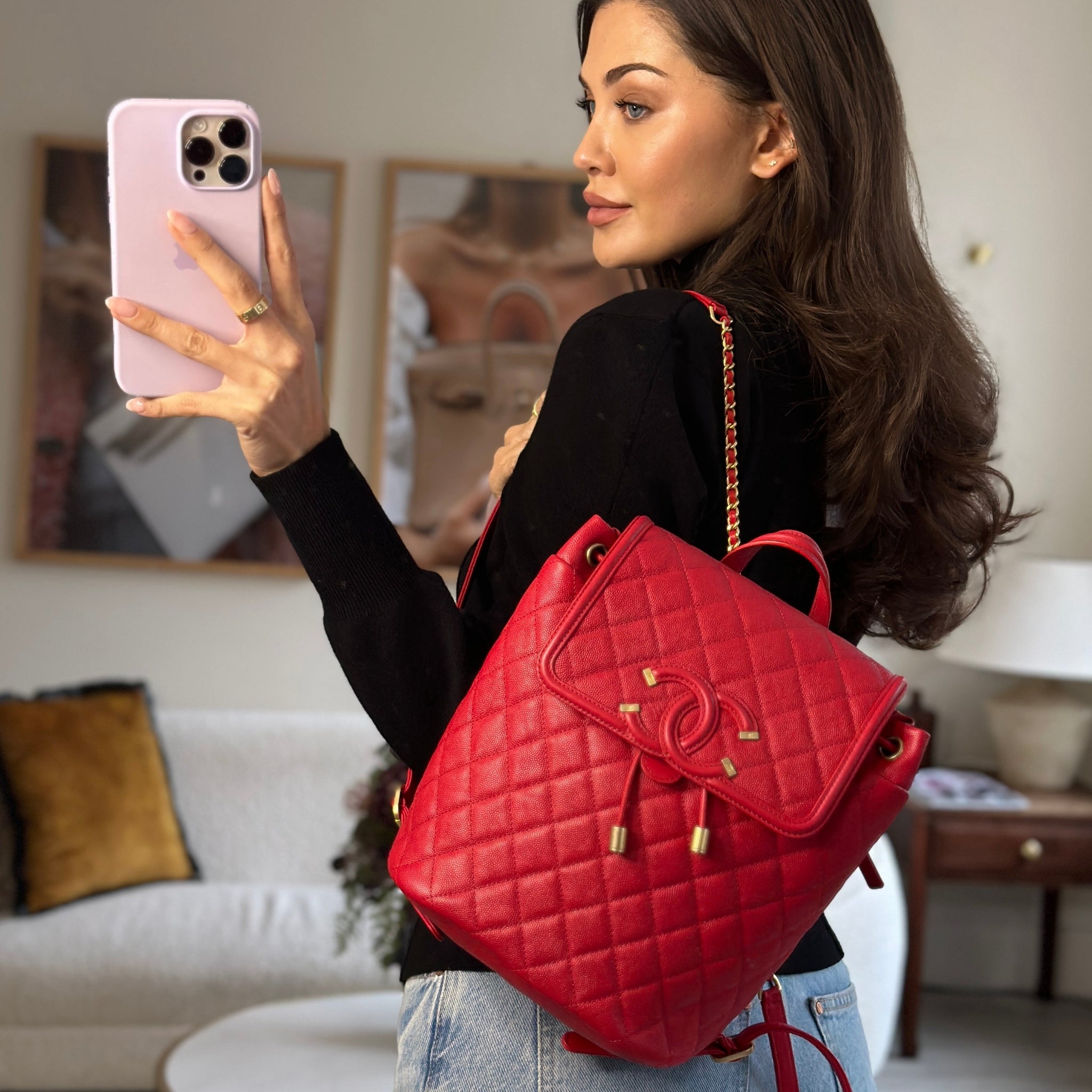 Chanel Red Filigree Quilted Backpack in Caviar Leather with Brushed Gold Hardware