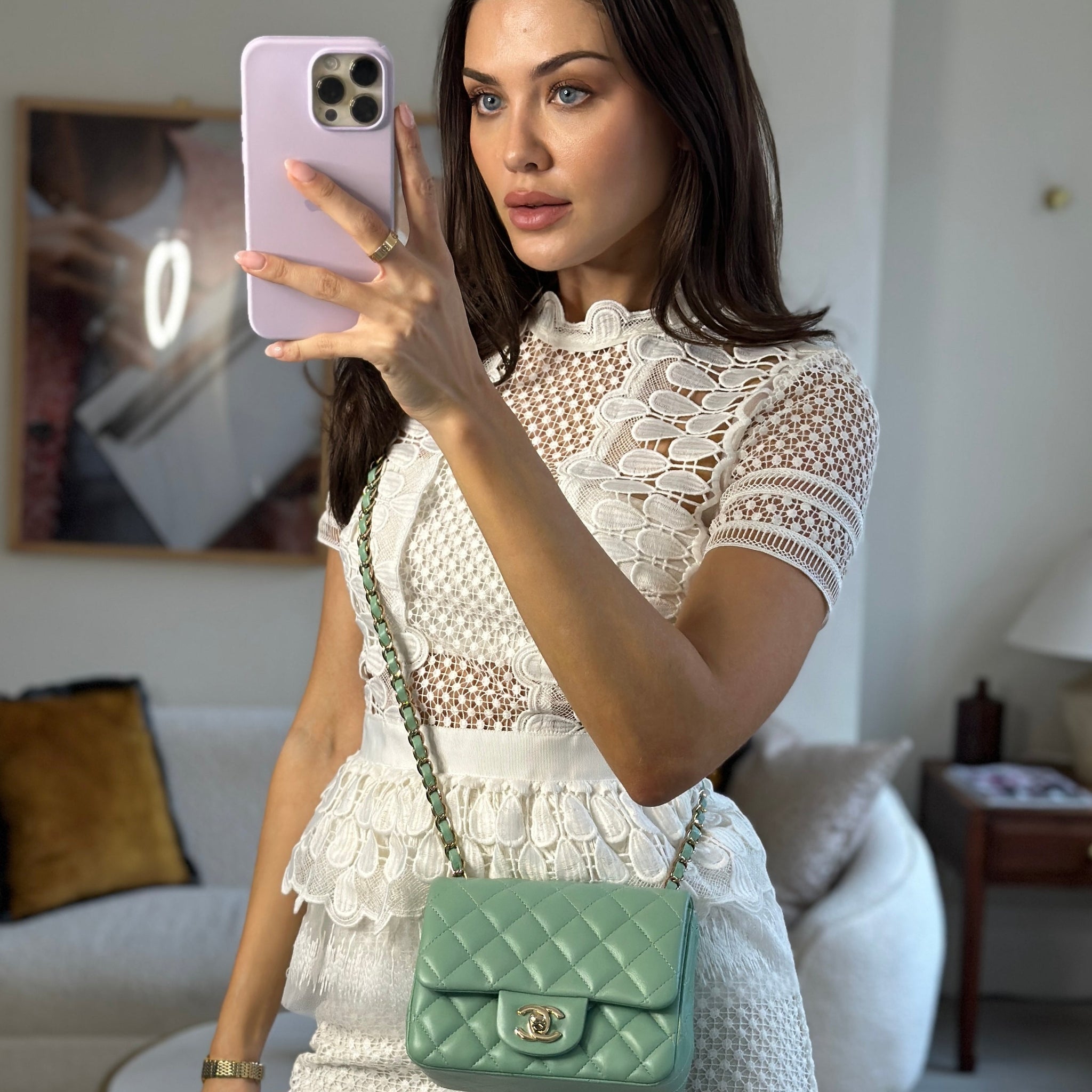 COLOUR* Chanel Green Tea Mini Square Bag in Lambskin Leather with Champagne Gold Hardware