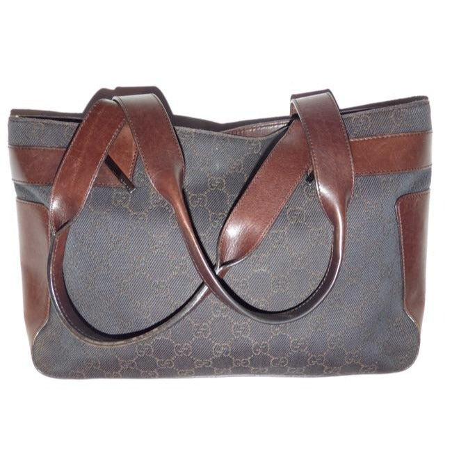 Gucci Black Denim With Brown Large G Logo Print And Brown Leather Tote