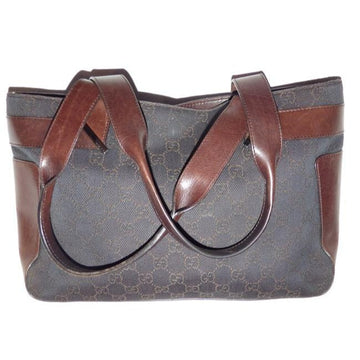 Gucci Black Denim With Brown Large G Logo Print And Brown Leather Tote