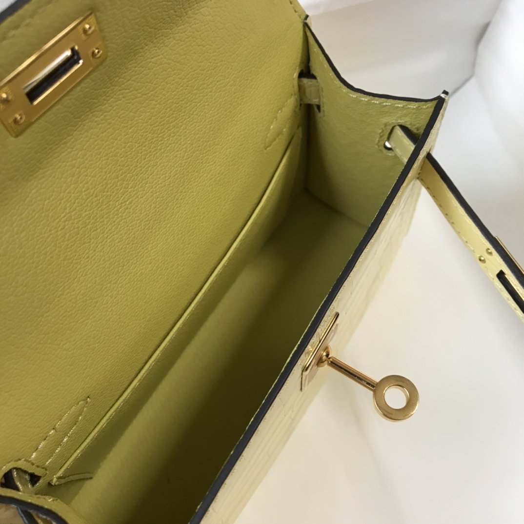 HM Mini Kelly 19 Embossed Pattlmt Matte Yellow Bag With Gold-Toned Harware For Womtlm, Handbags, Shoulder Bags 7.5in/19cm