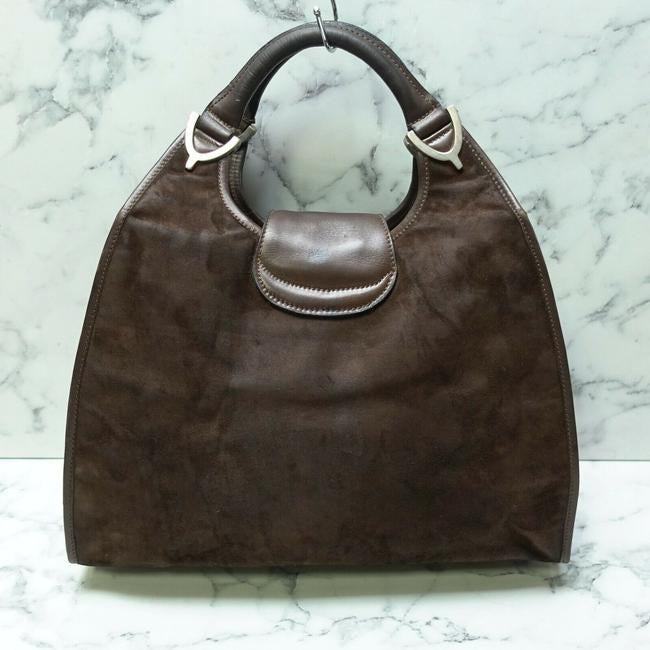 unique, Gucci, brown suede and leather, vintage '1973' top handle shoulder bag with a bold gold GG accent