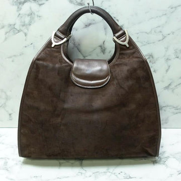 unique, Gucci, brown suede and leather, vintage '1973' top handle shoulder bag with a bold gold GG accent