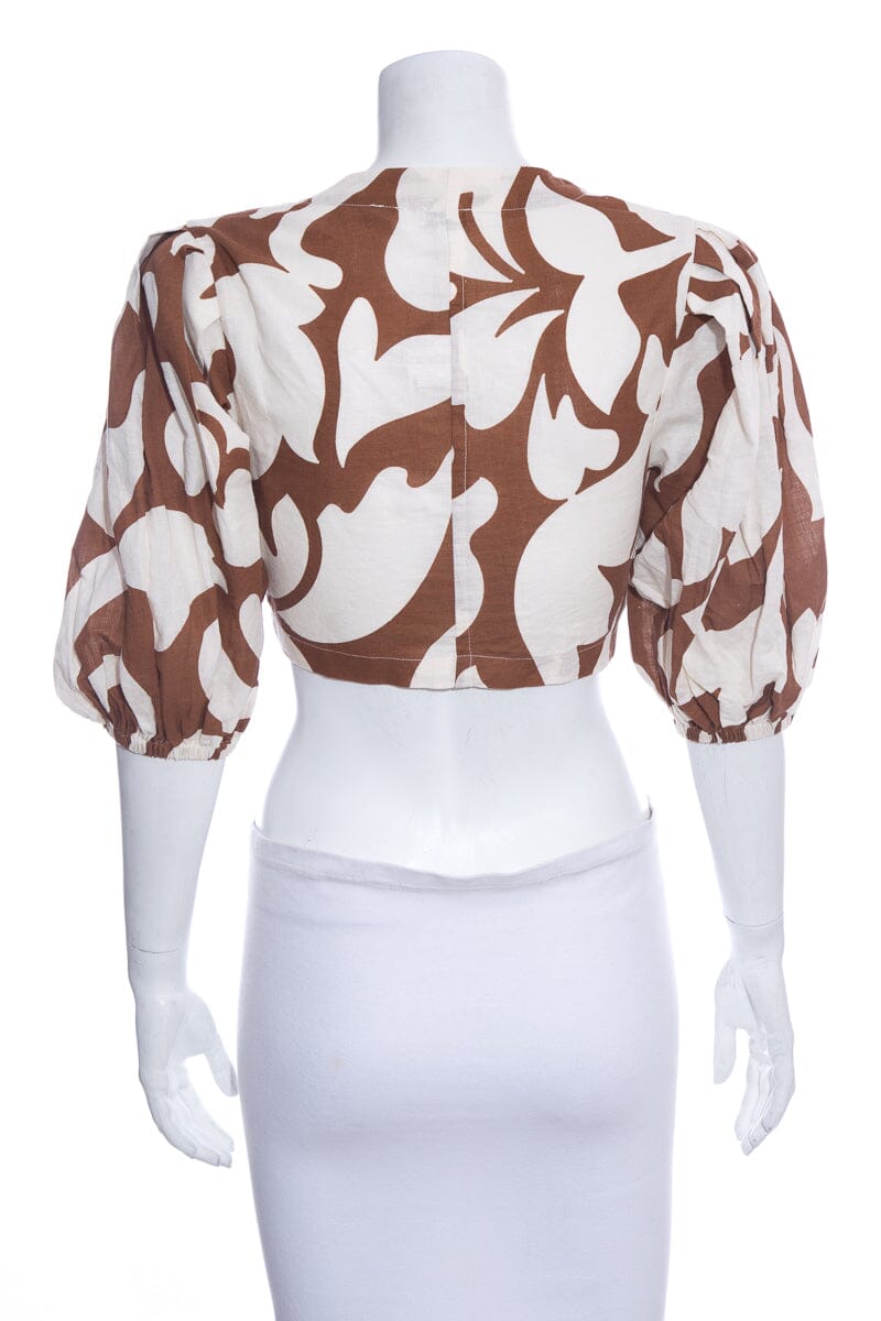 Rhode Ivory & Brown Printed Puff Sleeve Cropped Blouse SZ S