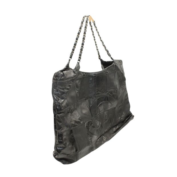 Chanel Black Leather Patchwork Tote With Silver Tone Chain 2013-2014