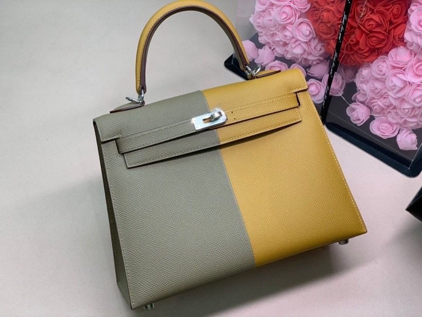 HM Kelly 28 Sellier Epsom Bag Grey/Yellow For Womtlm, Womtlm’s Handbags, Shoulder Bags 11in/28cm