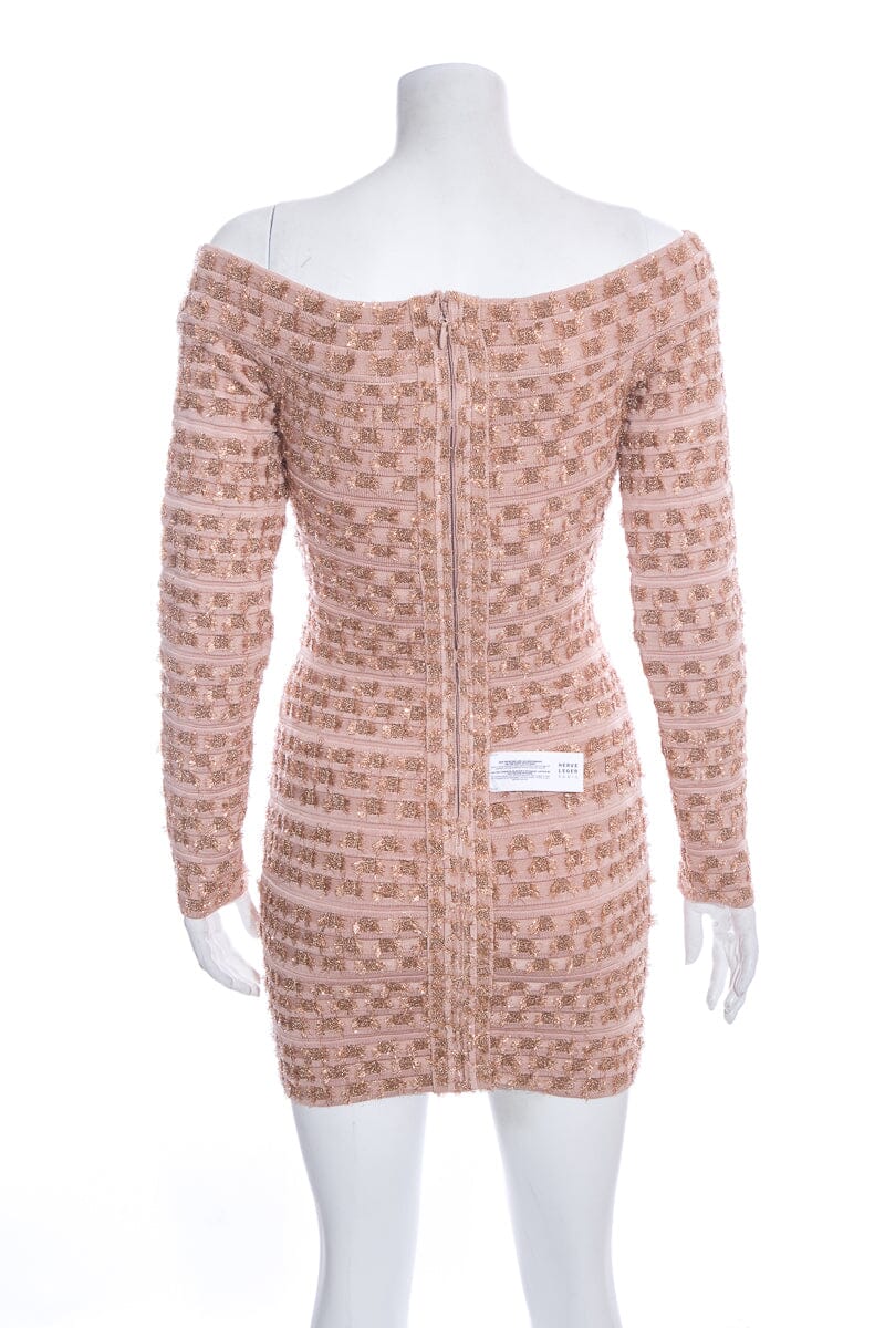 Herve Leger Nude Off the Shoulder Mini Dress SZ S NWT