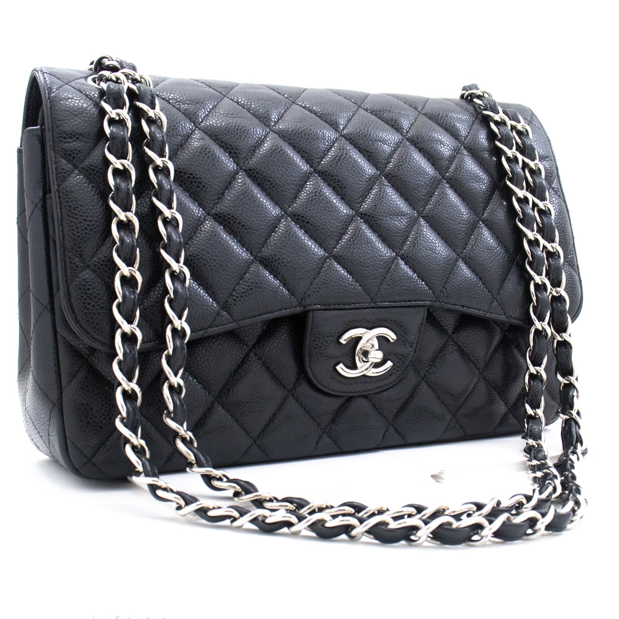 CHANEL Grained Calfskin Large Chain Shoulder Bag W Flap SV Classic