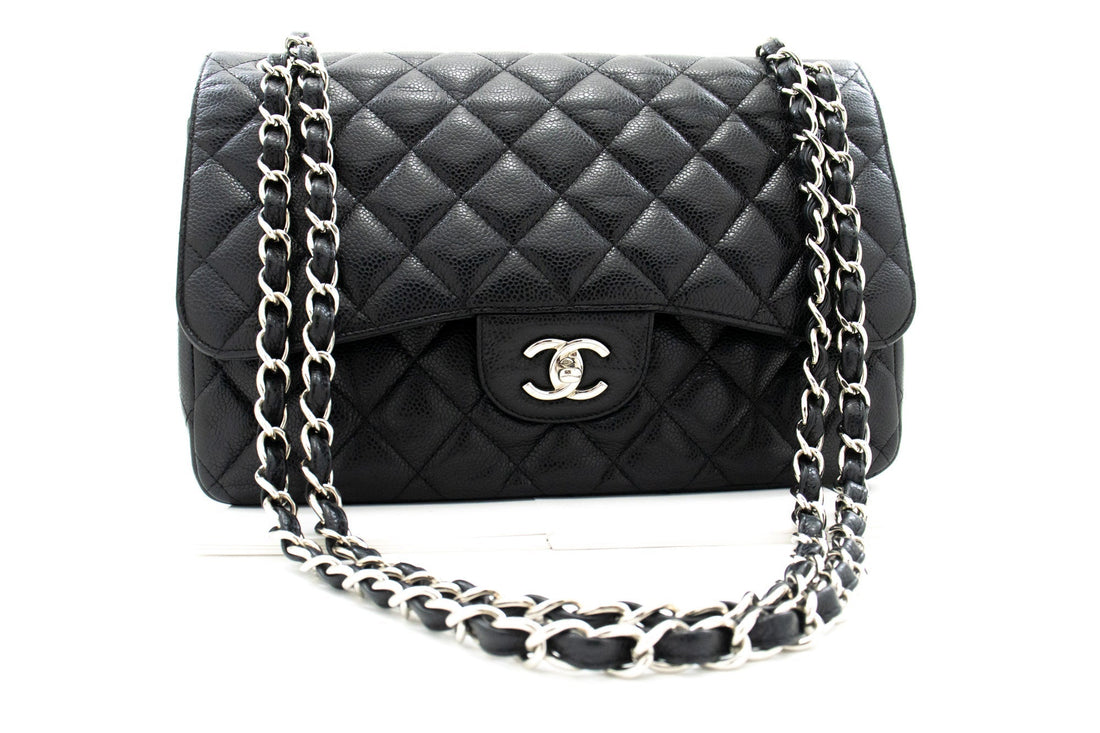 CHANEL Grained Calfskin Large Chain Shoulder Bag W Flap SV Classic