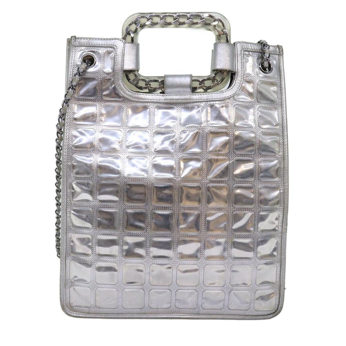 CHANEL Ice Cube Chain Shoulder Bag Vinyl 2way Silver CC Auth 71650