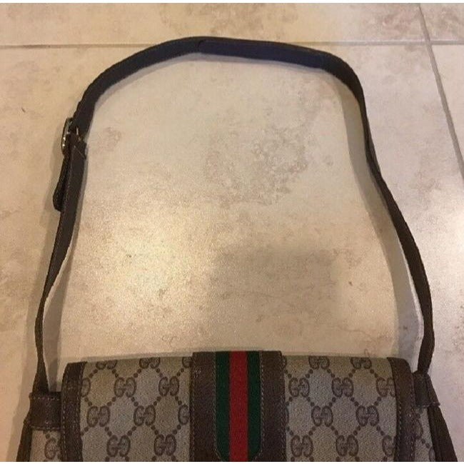 Gucci Ophidia Top Handle Tote Gg Supreme Shelly Stripe Shades Of Brown With Large G Logo Print Leath