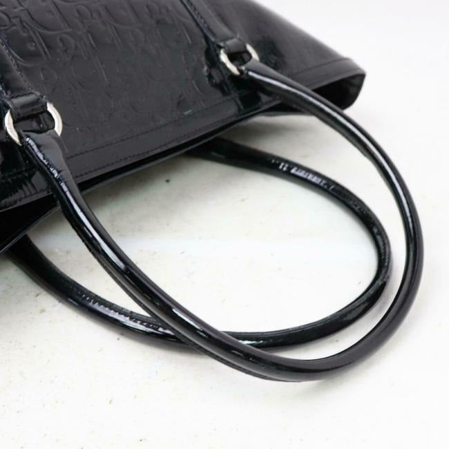 Dior Satchel Or Black Glossy Embossed Trotter Logo Print Enamel Leather Patent Tote