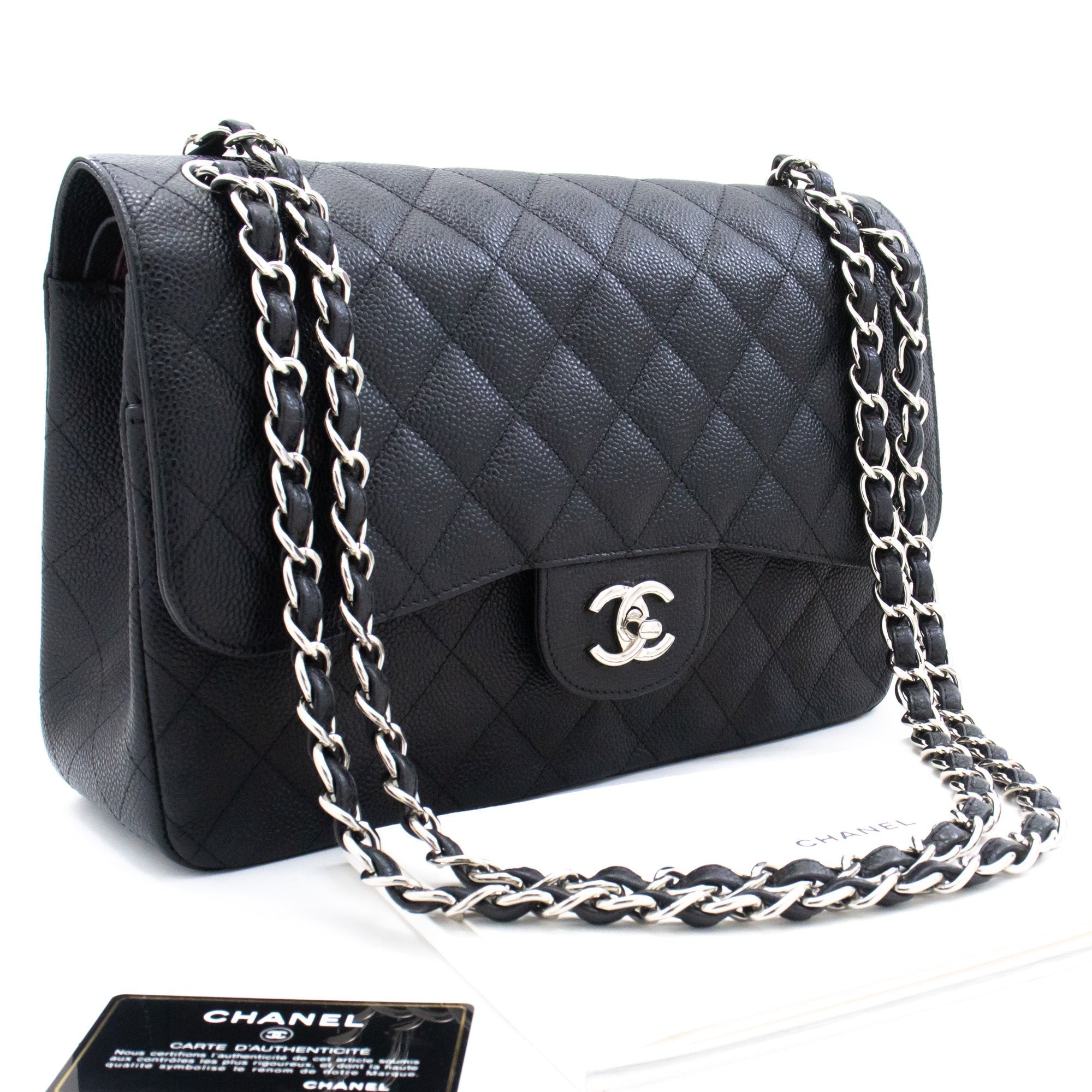CHANEL 11" Large Grained Calfskin Double Flap Chain Shoulder Bag