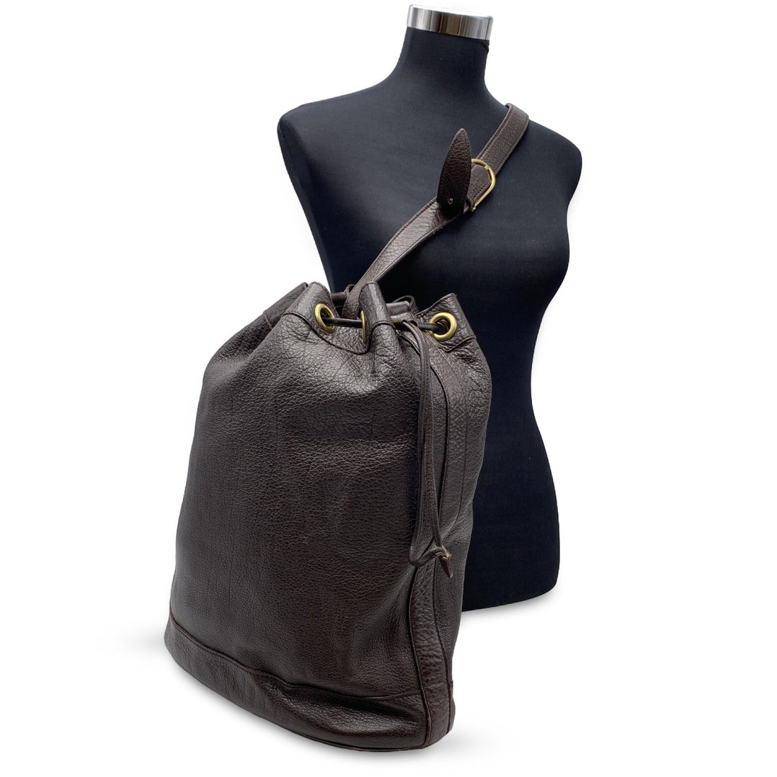 GUCCI Dark Brown Leather Drawstring Bucket Shoulder Bag