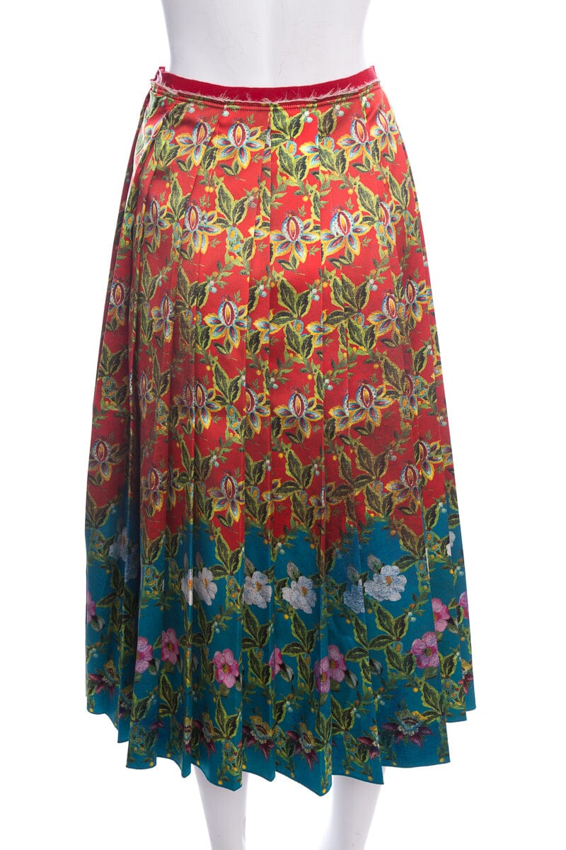 Gucci Green & Red Floral Accordion Pleated Silk Skirt SZ 38