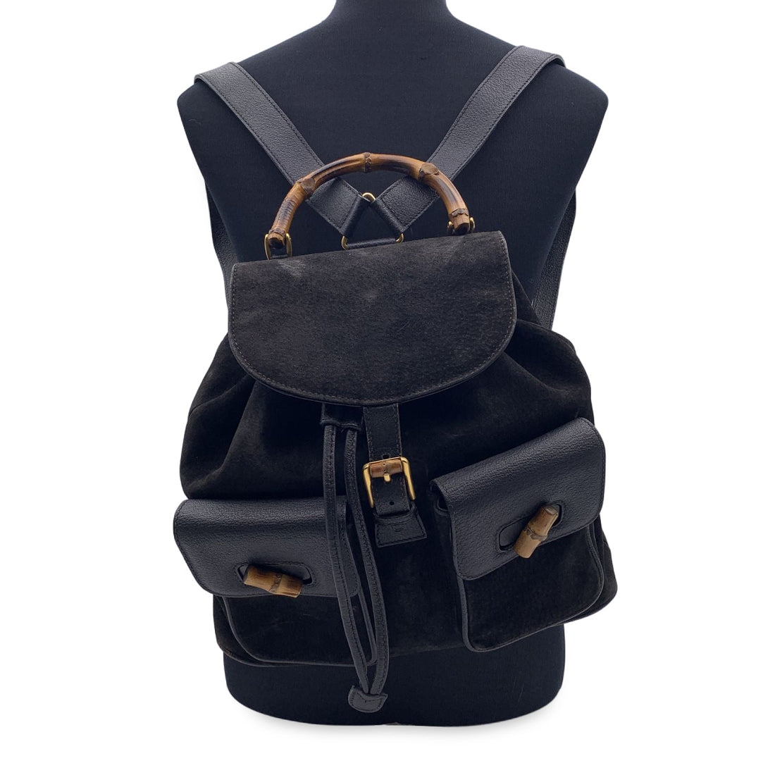 GUCCI Vintage Black Suede Leather Bamboo Backpack Shoulder Bag
